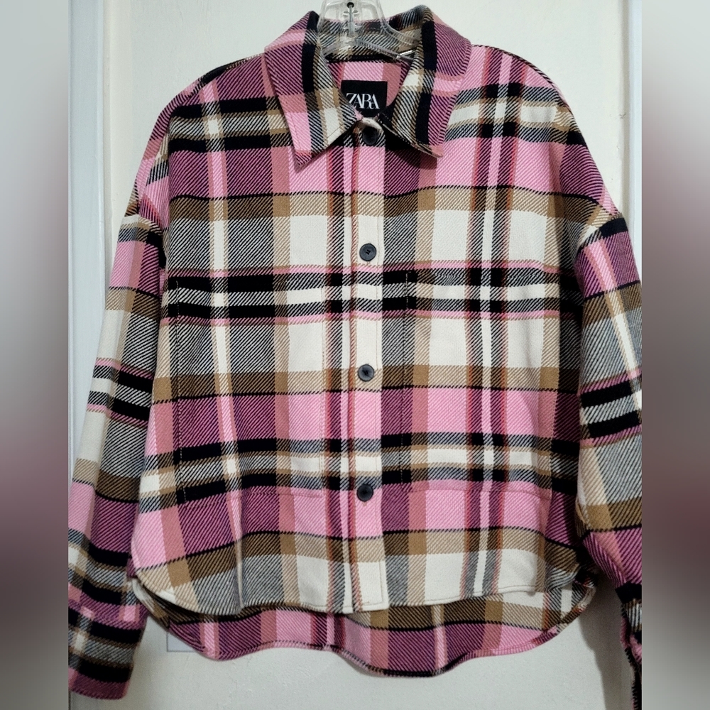 Zara Shacket Womens Size Small Pink Plaid Check Overshirt Oversized Long Sleeve - Picture 6 of 16